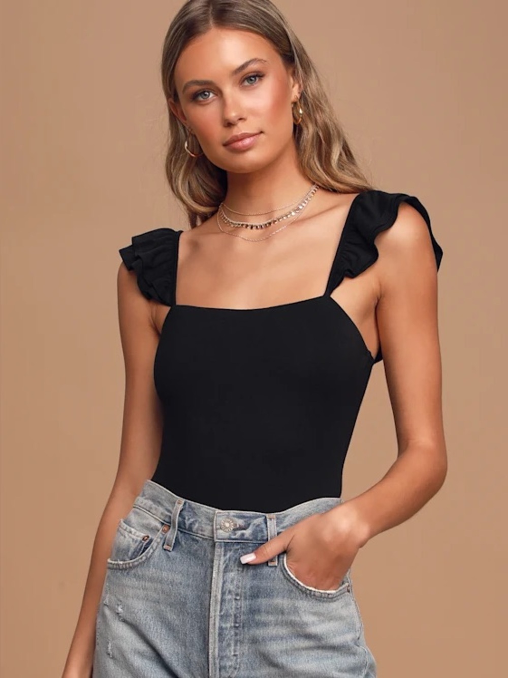 Lulus Repeat After Me Sleeveless Black Ruffle Bodysuit Black Sz M
